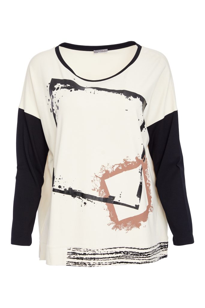 naya placement cube print top in black & sand