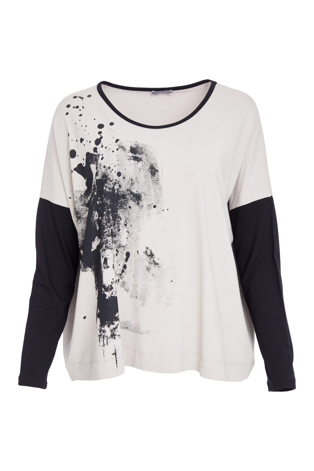 naya placement print top in black & taupe