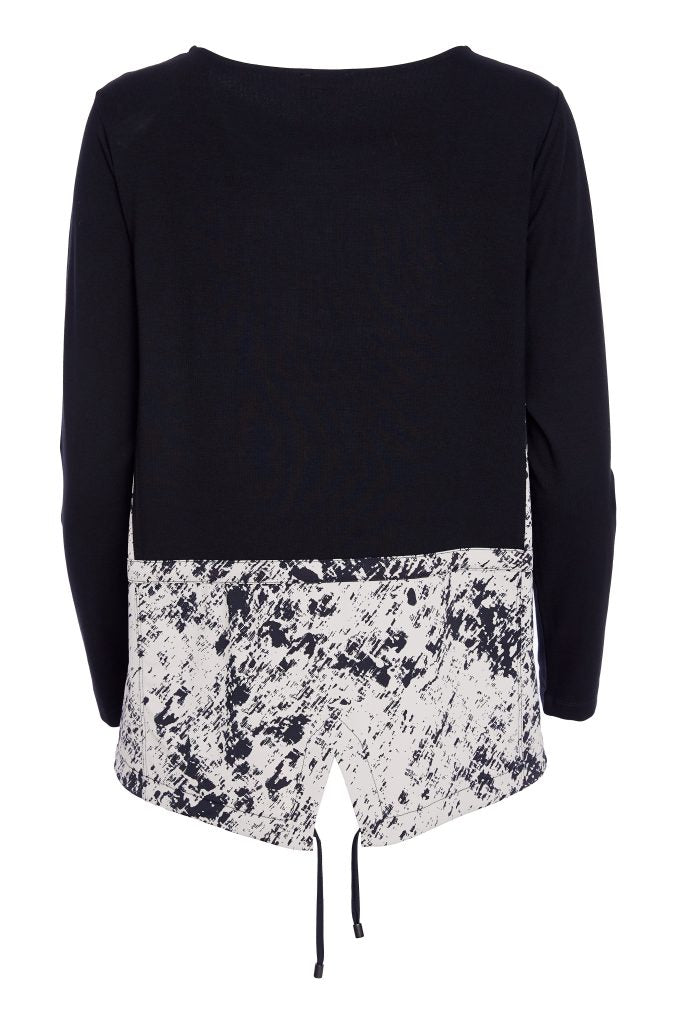 naya mottled print contrast panel top in black & taupe