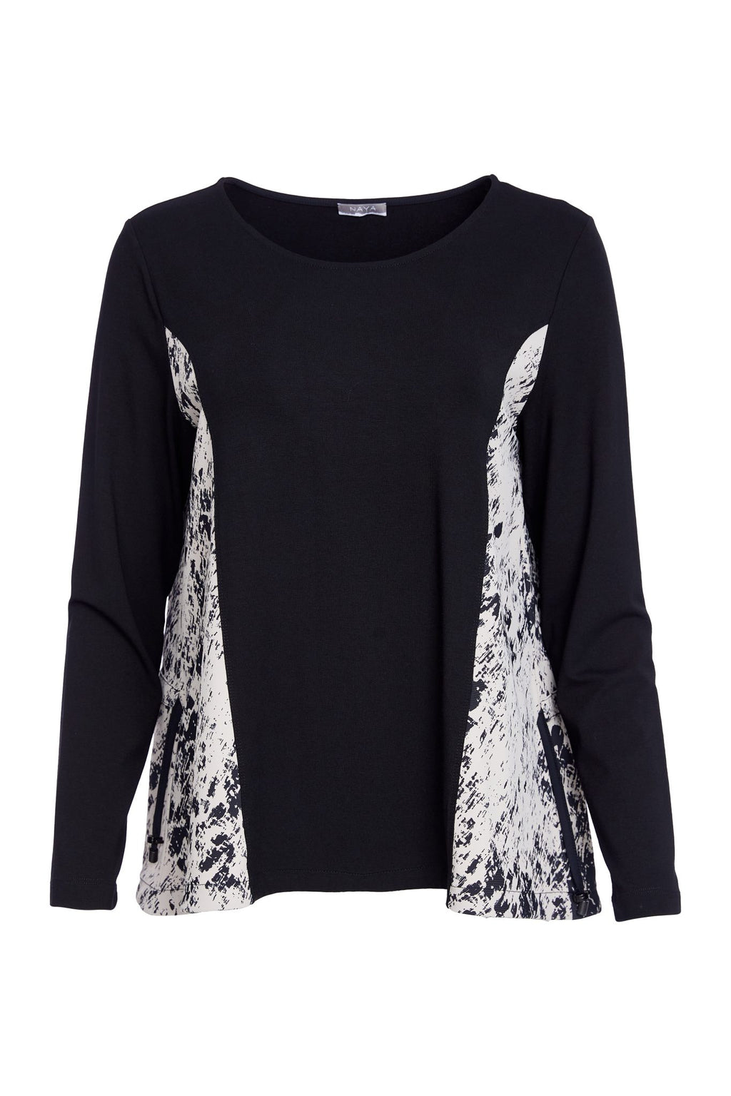 naya mottled print contrast panel top in black & taupe
