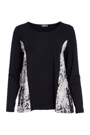 naya mottled print contrast panel top in black & taupe