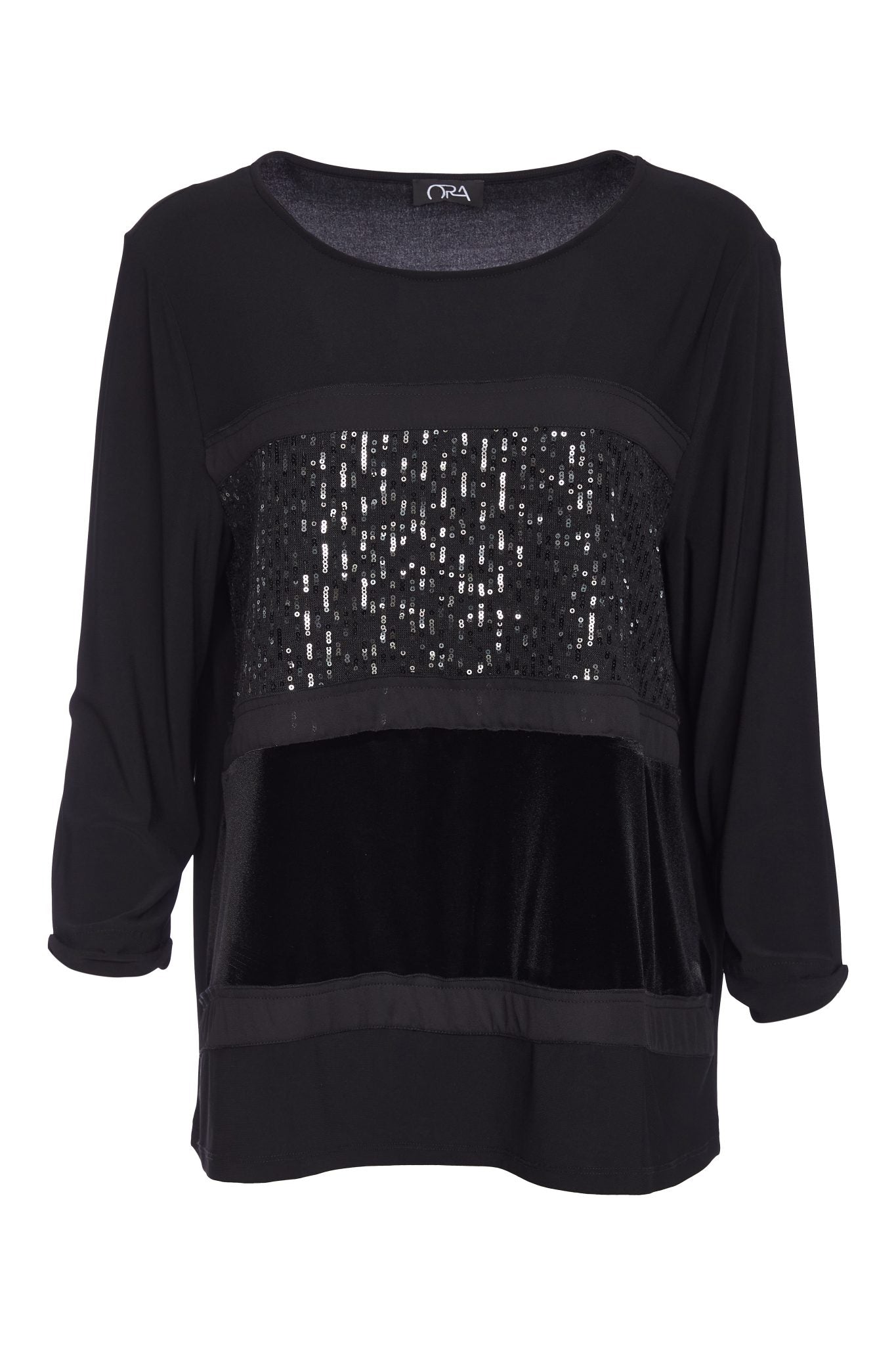 ora sequin panel round neck top in black