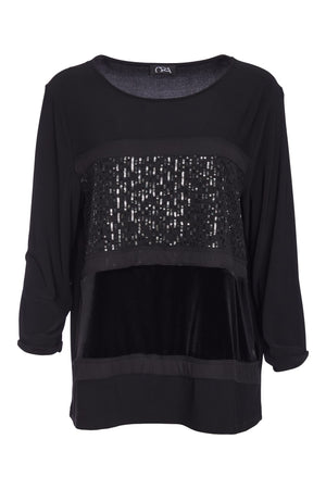 ora sequin panel round neck top in black