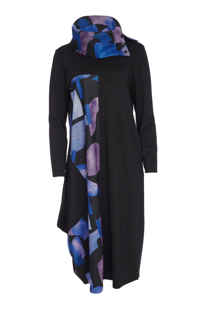 ora contrast panel and button collar dress in black & blue