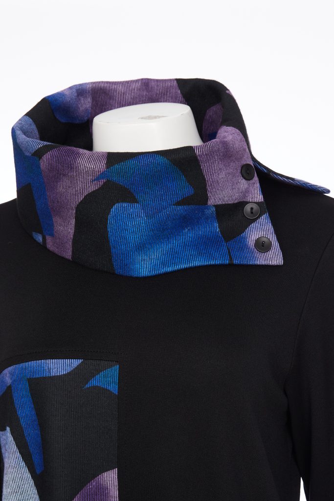 ora contrast panel and button collar dress in black & blue