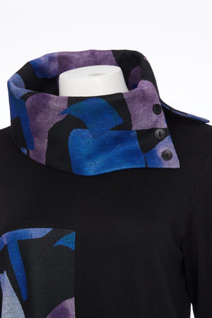 ora contrast panel and button collar dress in black & blue