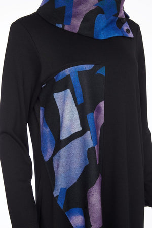 ora contrast panel and button collar dress in black & blue