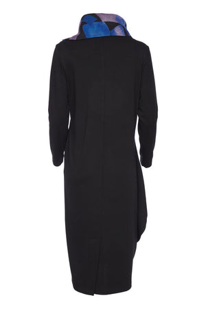 ora contrast panel and button collar dress in black & blue