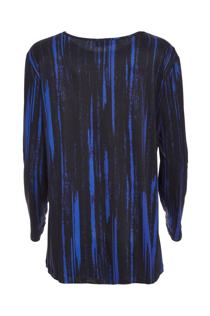 ora printed dip hem top in black & blue
