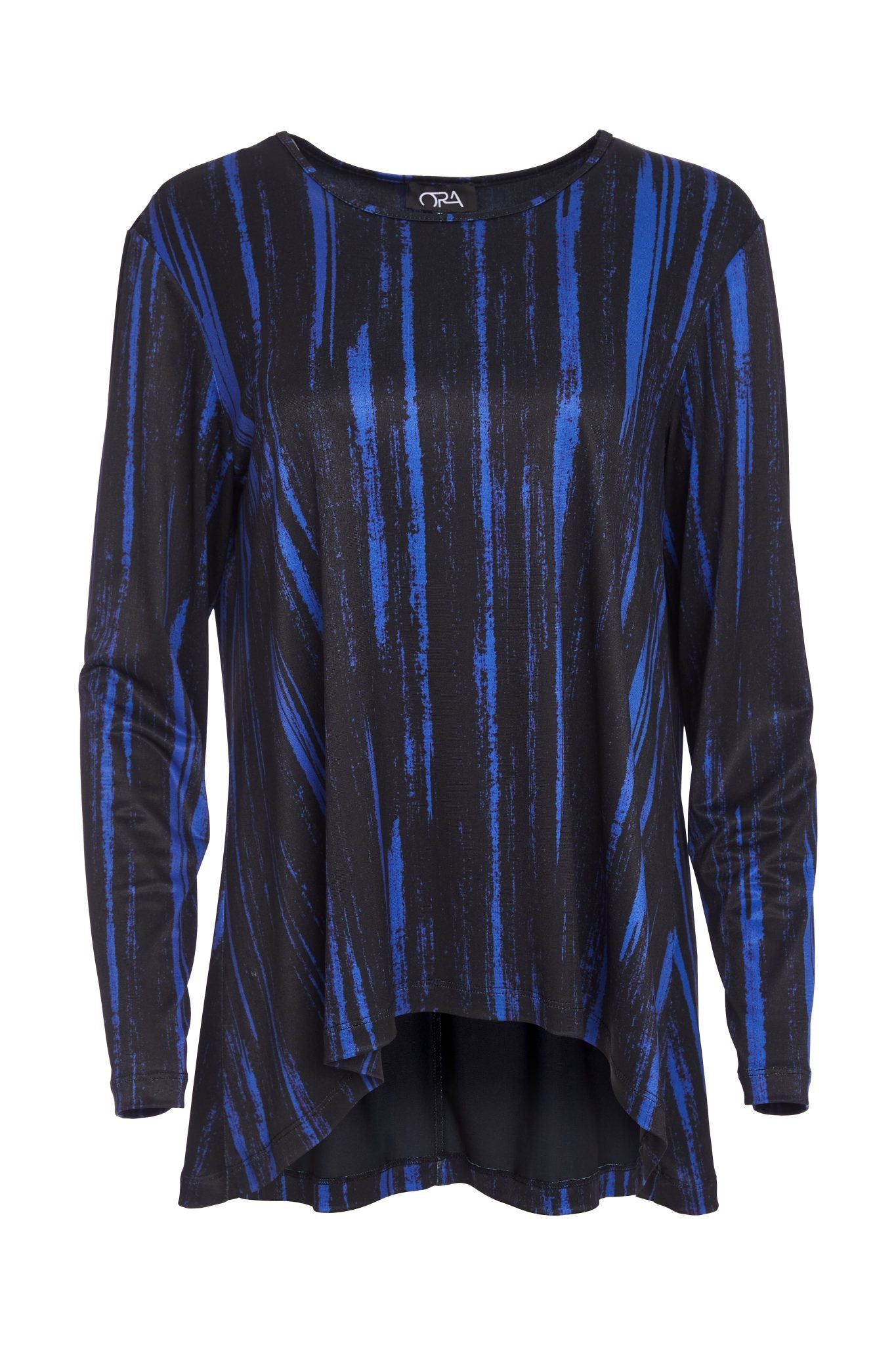 ora printed dip hem top in black & blue