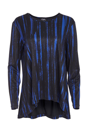 ora printed dip hem top in black & blue