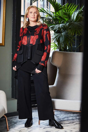 ora print cardigan with zip and mesh in black & red