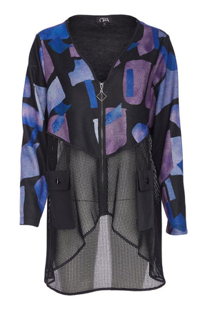 ora print cardigan with zip and mesh in black & blue
