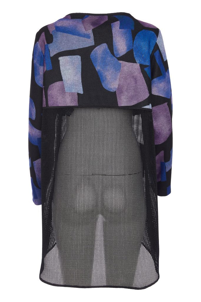 ora print cardigan with zip and mesh in black & blue