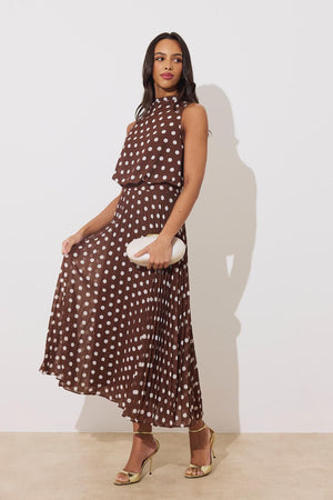 8th sign milly pleat dress with polkadot print in brown & white  Lisa  Baker Boutiques