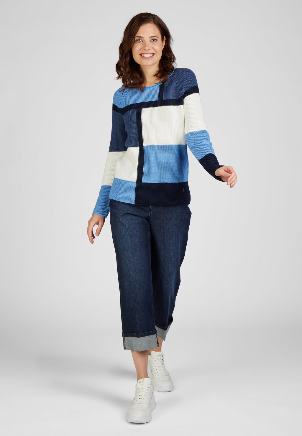 <p>Rabe indigo love collection colour block roundneck knit jumper in blue, navy and white</p>