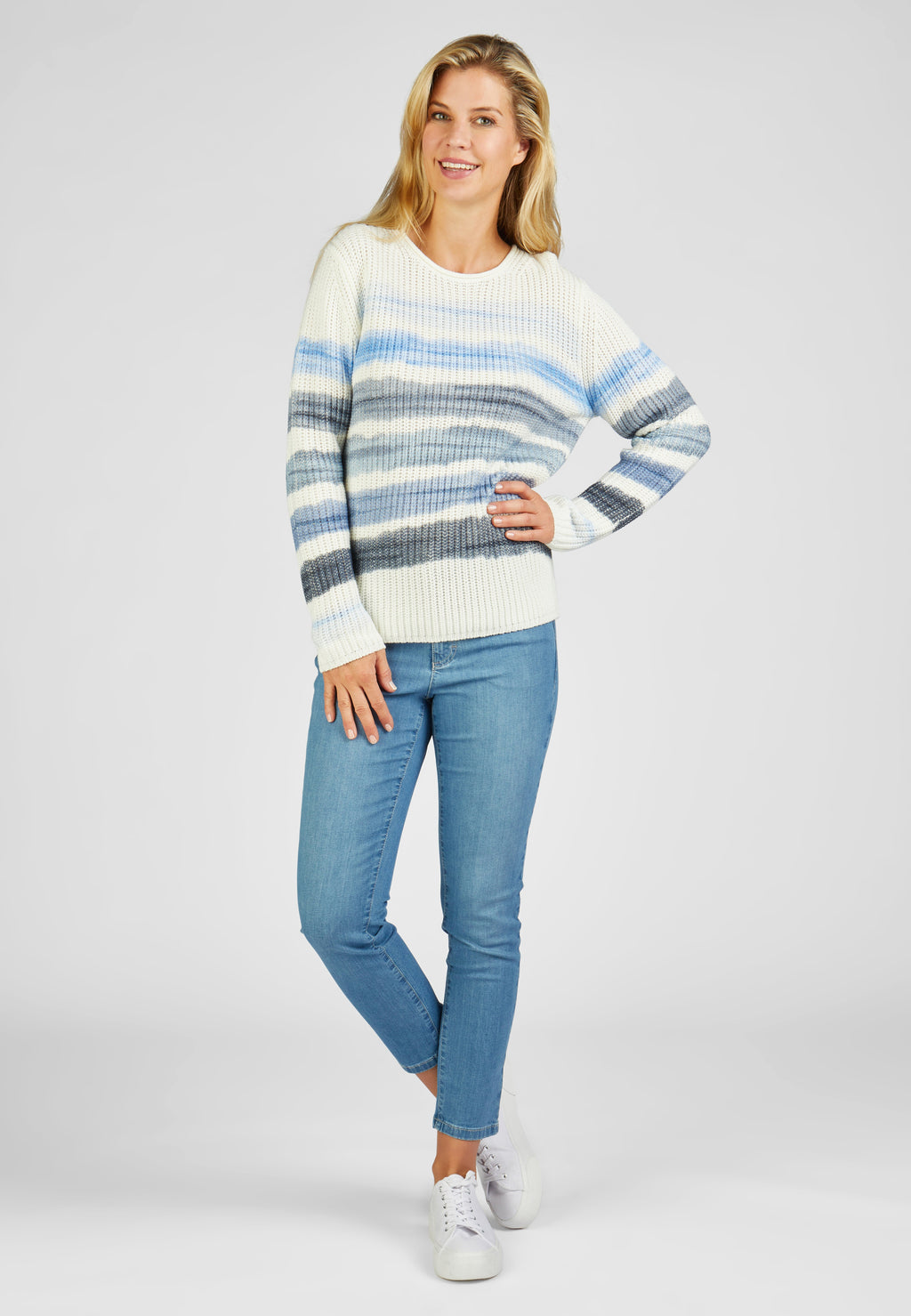 <p>Rabe indigo love collection roundneck knit jumper in cream with ombre blue horizontal stripes</p>