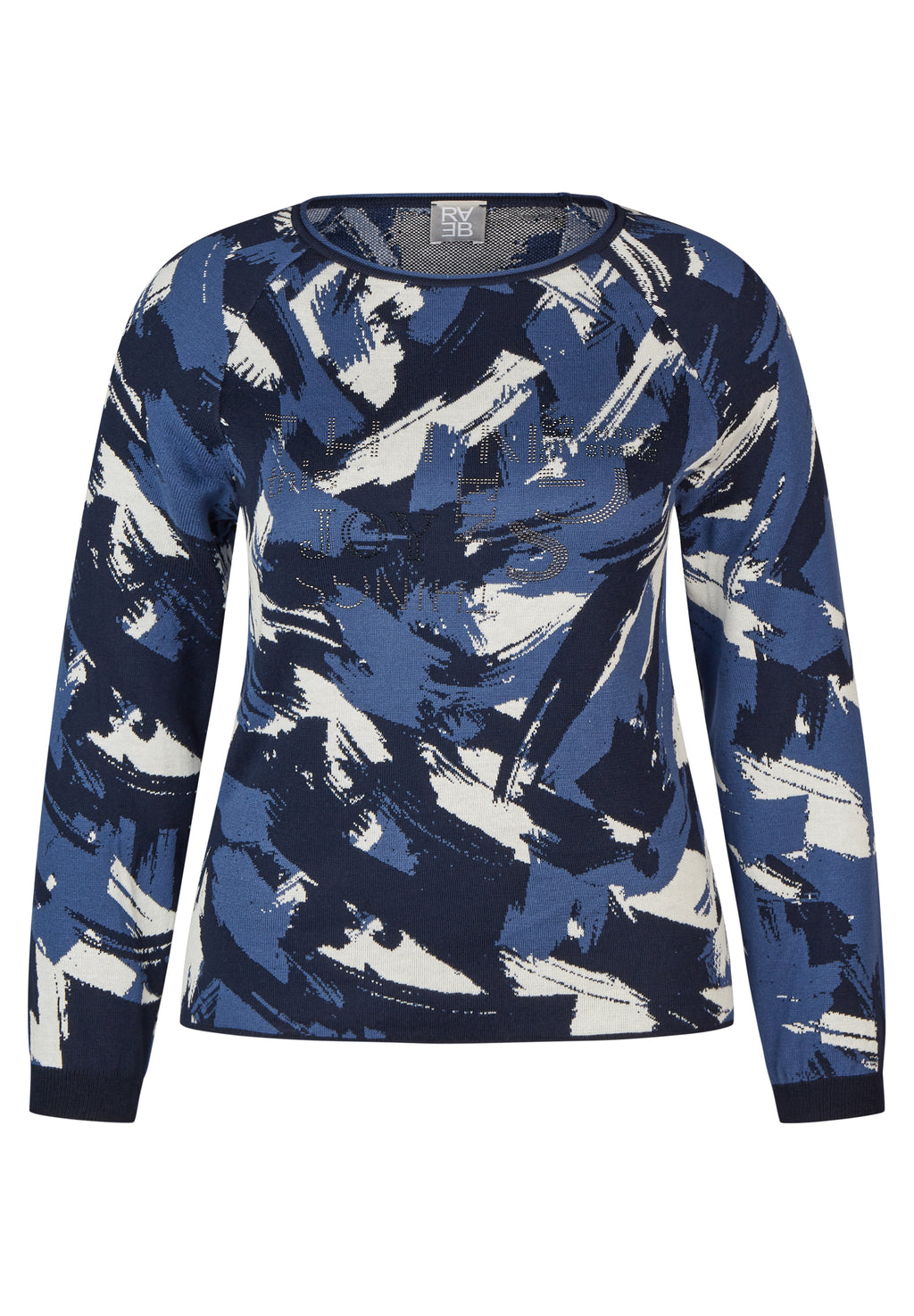 <p>Rabe indigo love collection embellished detail paintbrush strokes print knit in navy and blue</p>