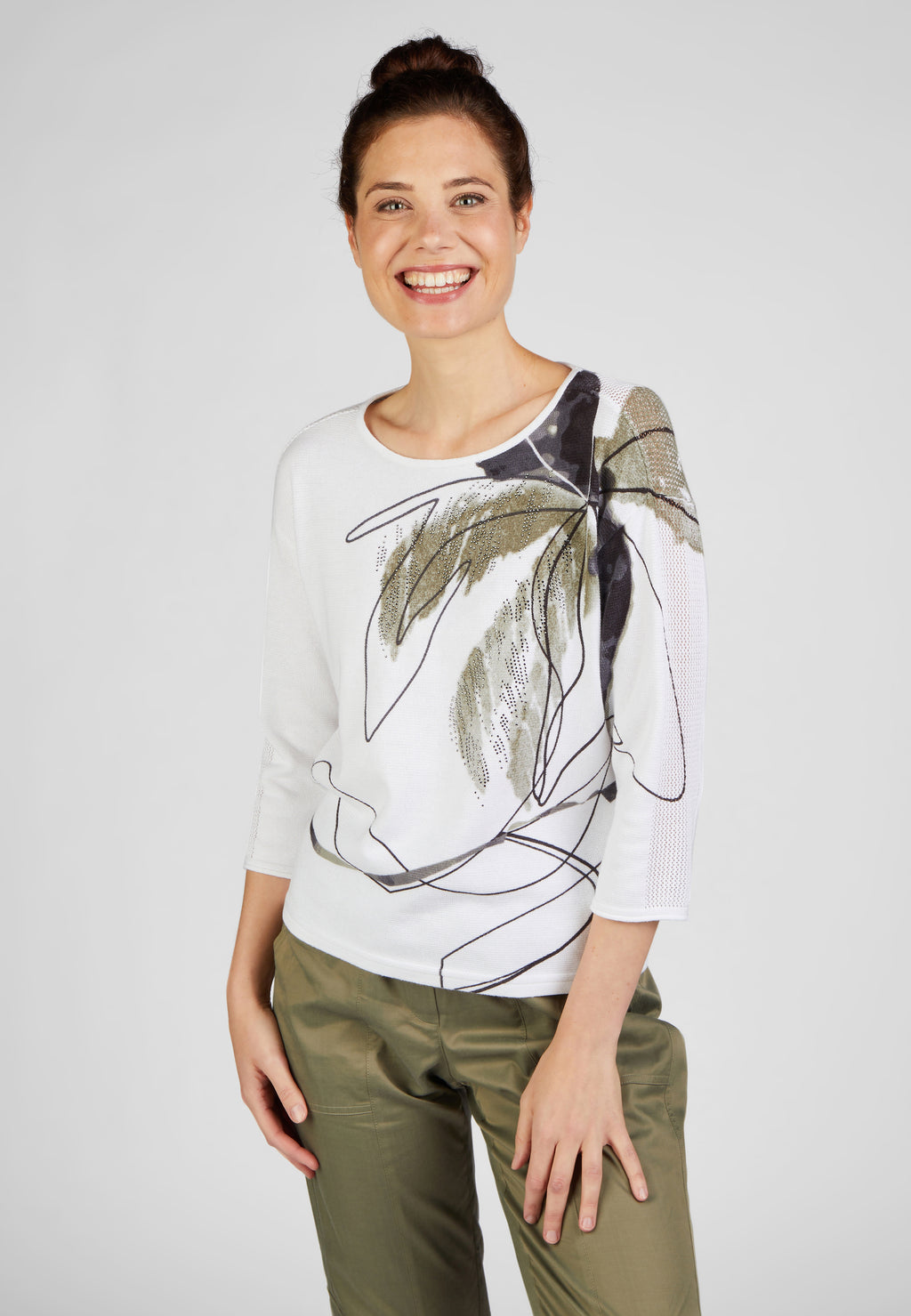 Rabe herbal garden collection khaki green leaf printed white knit jumper, product code 52-221605