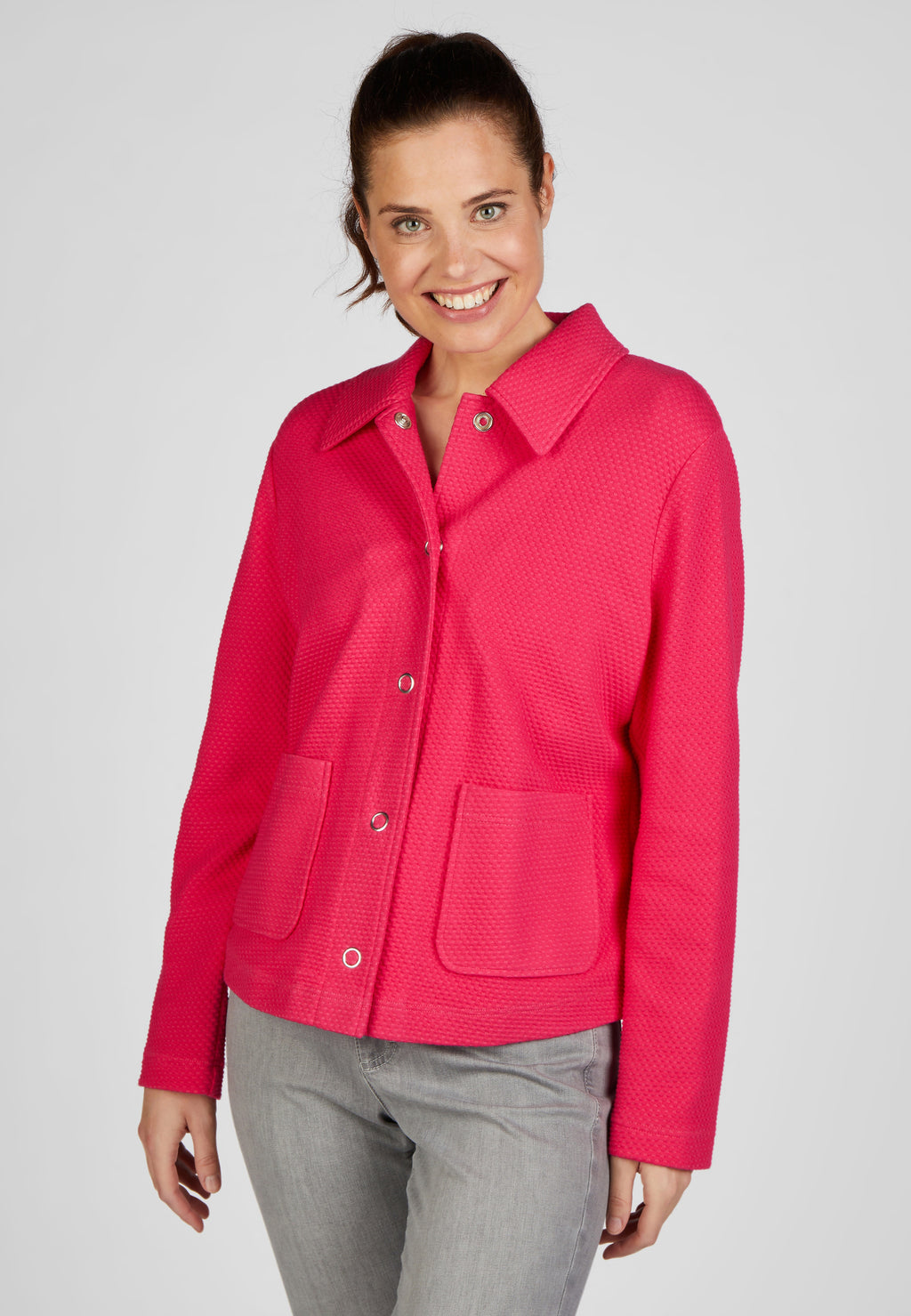Rabe magnolia park collection button up textured jacket with pocket details and collar in pink, product code 52-113221
