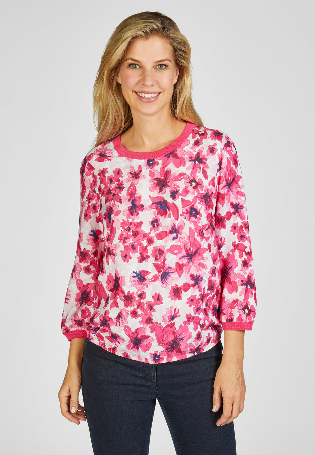 Rabe blossom up collection floral printed blouse in pink with navy and white, product code 52-222101