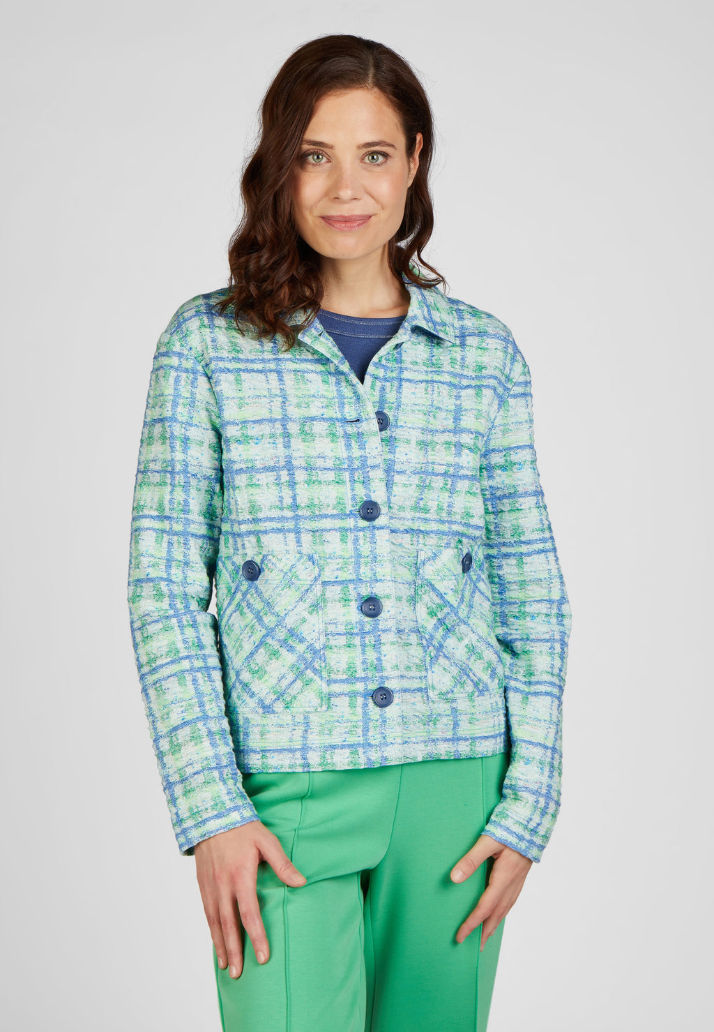 Rabe street cafe tweed style jacket in green and blue, product code 52-214221
