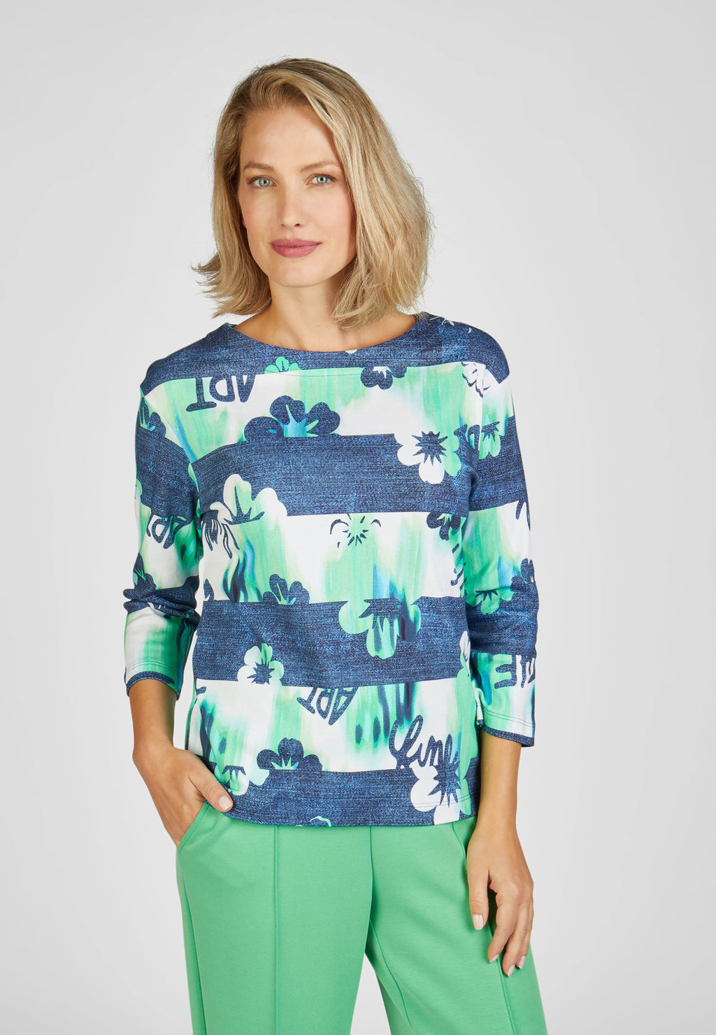 Rabe street cafe collection floral and striped printed top in green and navy, product code 52-114353