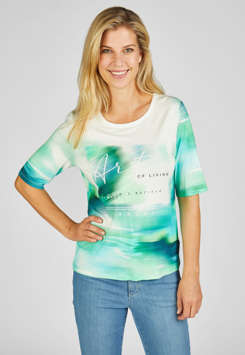 Rabe street cafe collection watercolour printed top in white and green, product code 52-214350