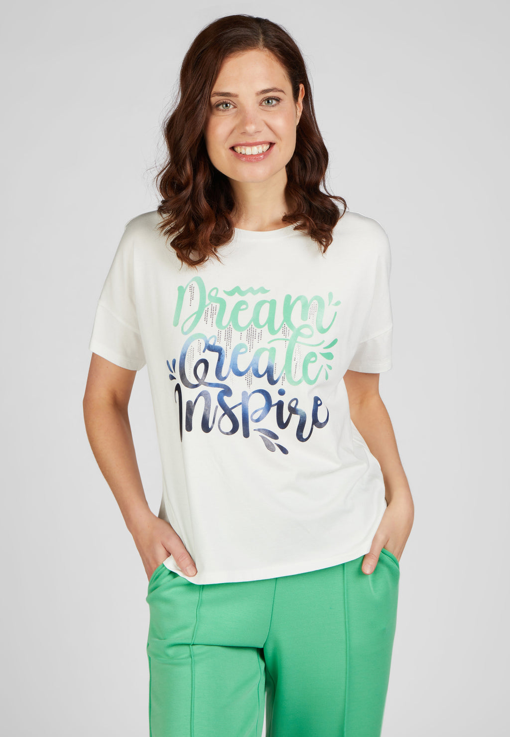 Rabe street cafe collection slogan printed tshirt in white with green, product code 52-214302