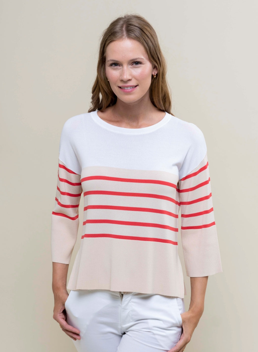 <p>Hongo red horizontal striped light knit top in beige and cream with 3/4 Bell sleeves </p>
<p>Product code JL02H501</p>