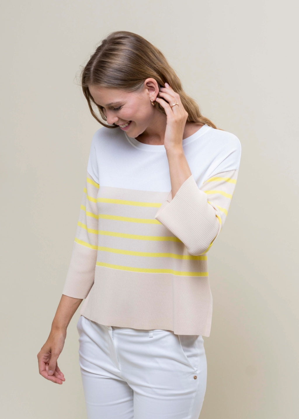 Hongo yellow horizontal striped light knit top in beige and cream with 3/4 Bell sleeves. Product code JL02H501 (front)