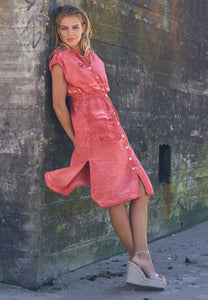 Teraa military style zip up dress with cap sleeves in coral, can also be worn as a jacket