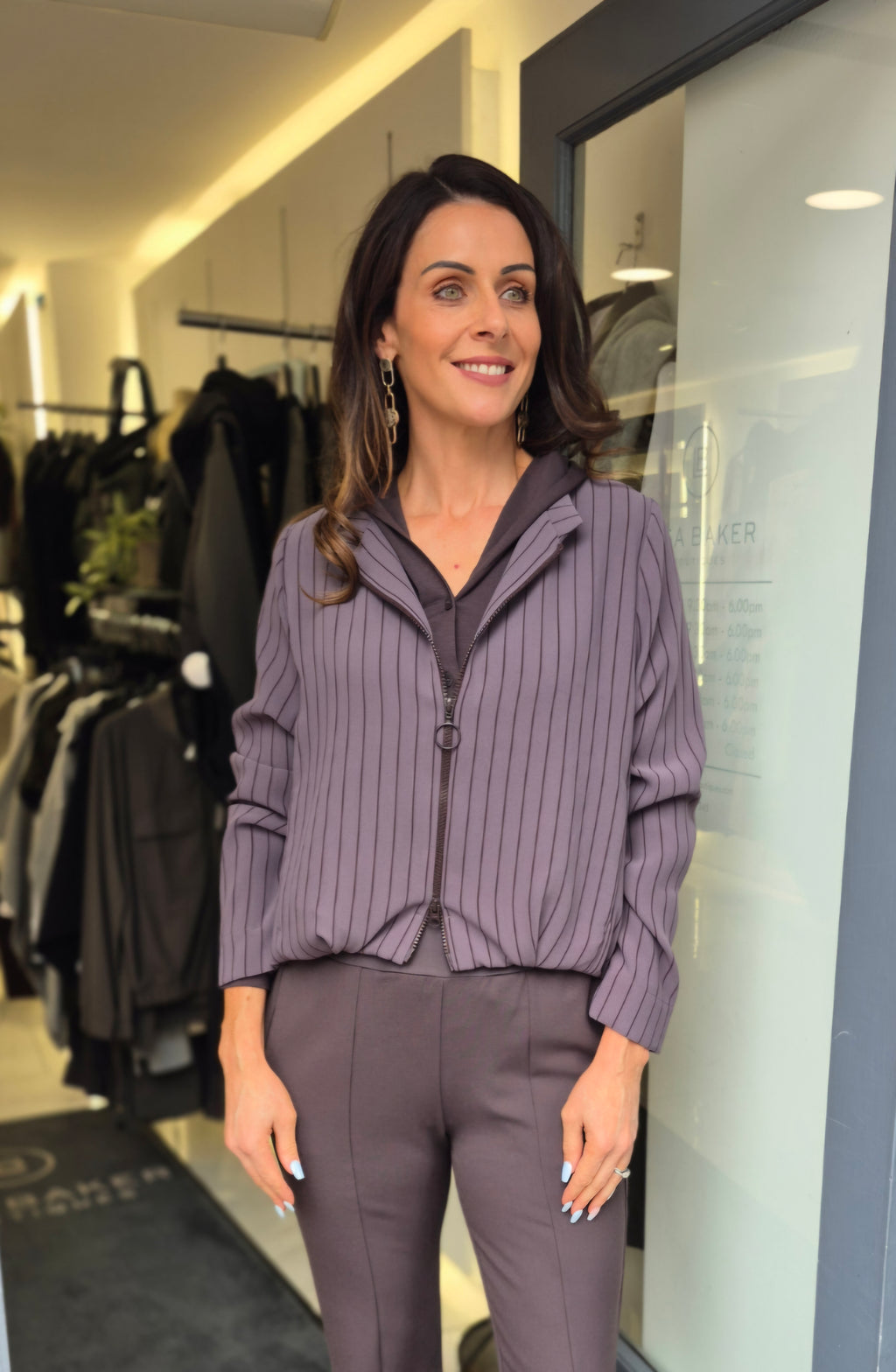 ania schierholt stripe bomber jacket in mauve