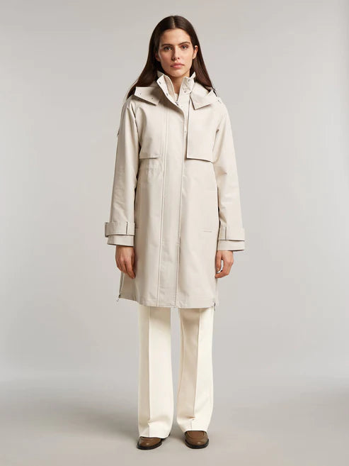 Beaumont Tami raincoat with detatchable hood and interior toggles to cinch in the waist