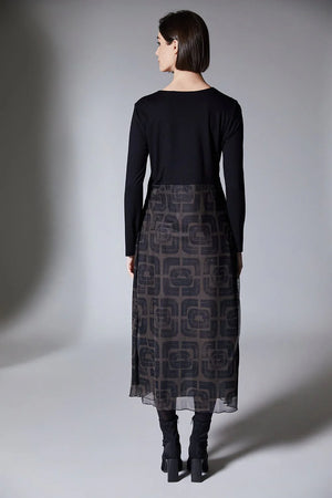 peruzzi printed tulle skirt midi dress in black & brown