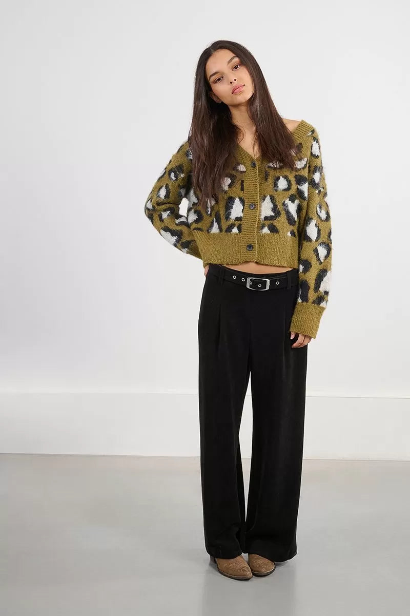Lili sidonio leopard print cardigan in khaki green