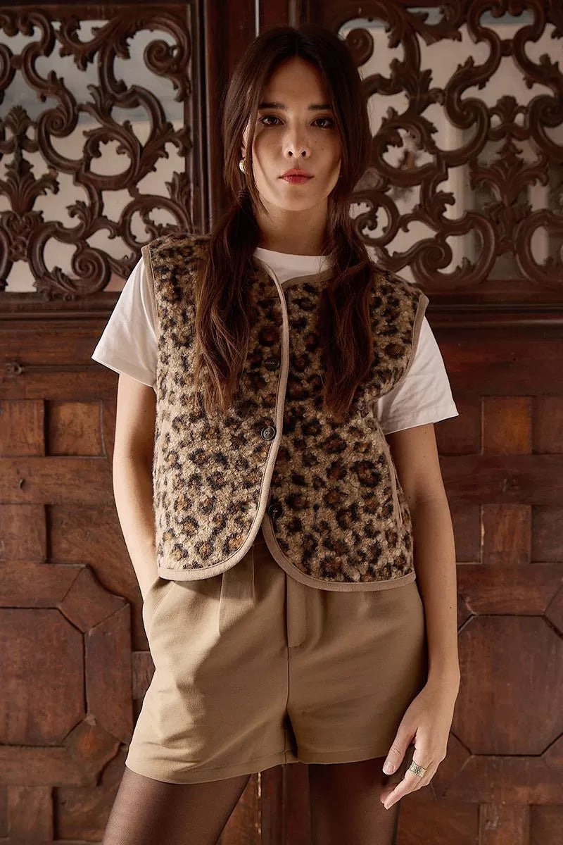 molly bracken leopard print waistcoat in brown