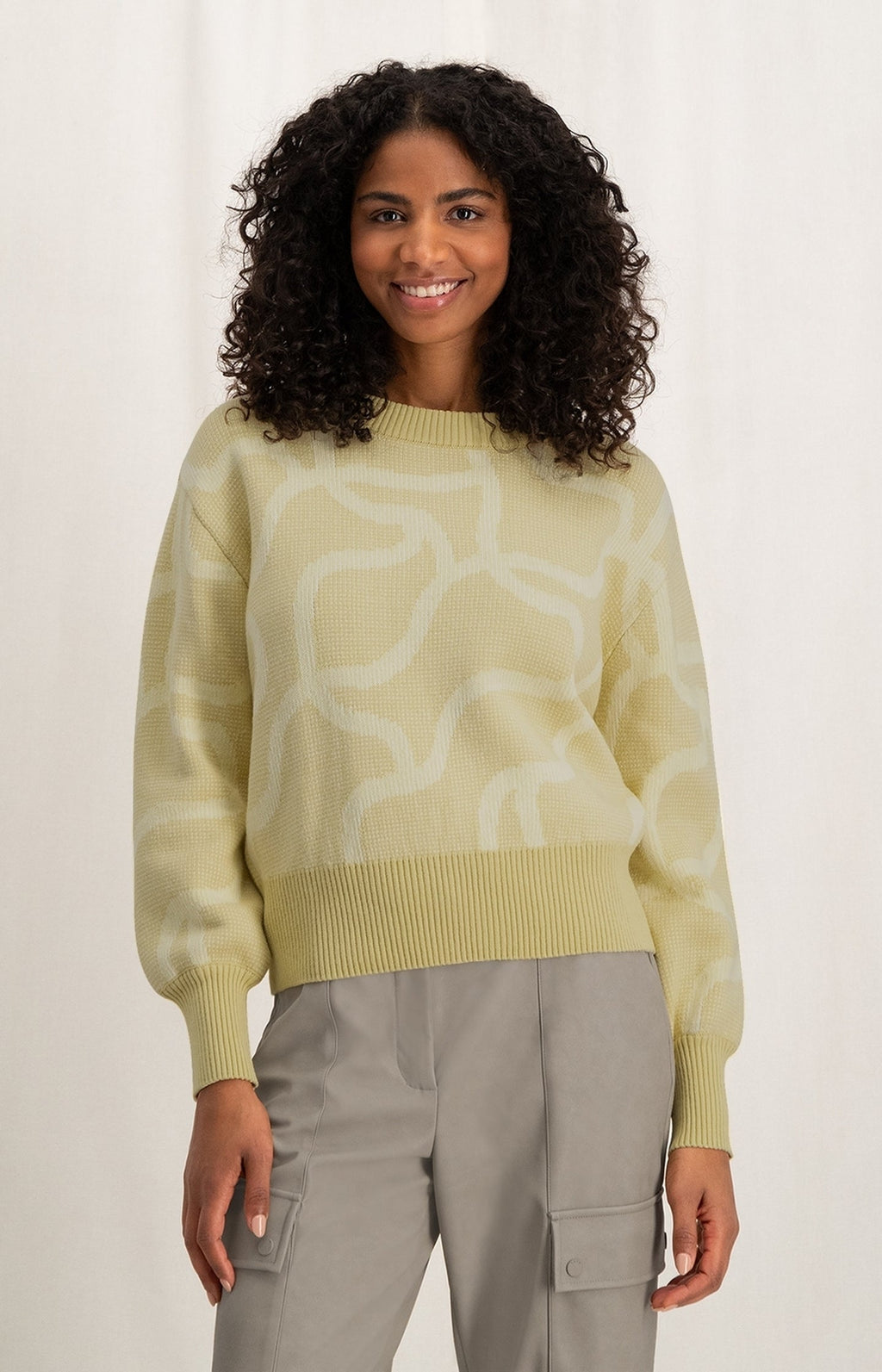 <p>YAYA Swirl print pattern roundneck knit jumper in a muted yellow with cuff detail </p>