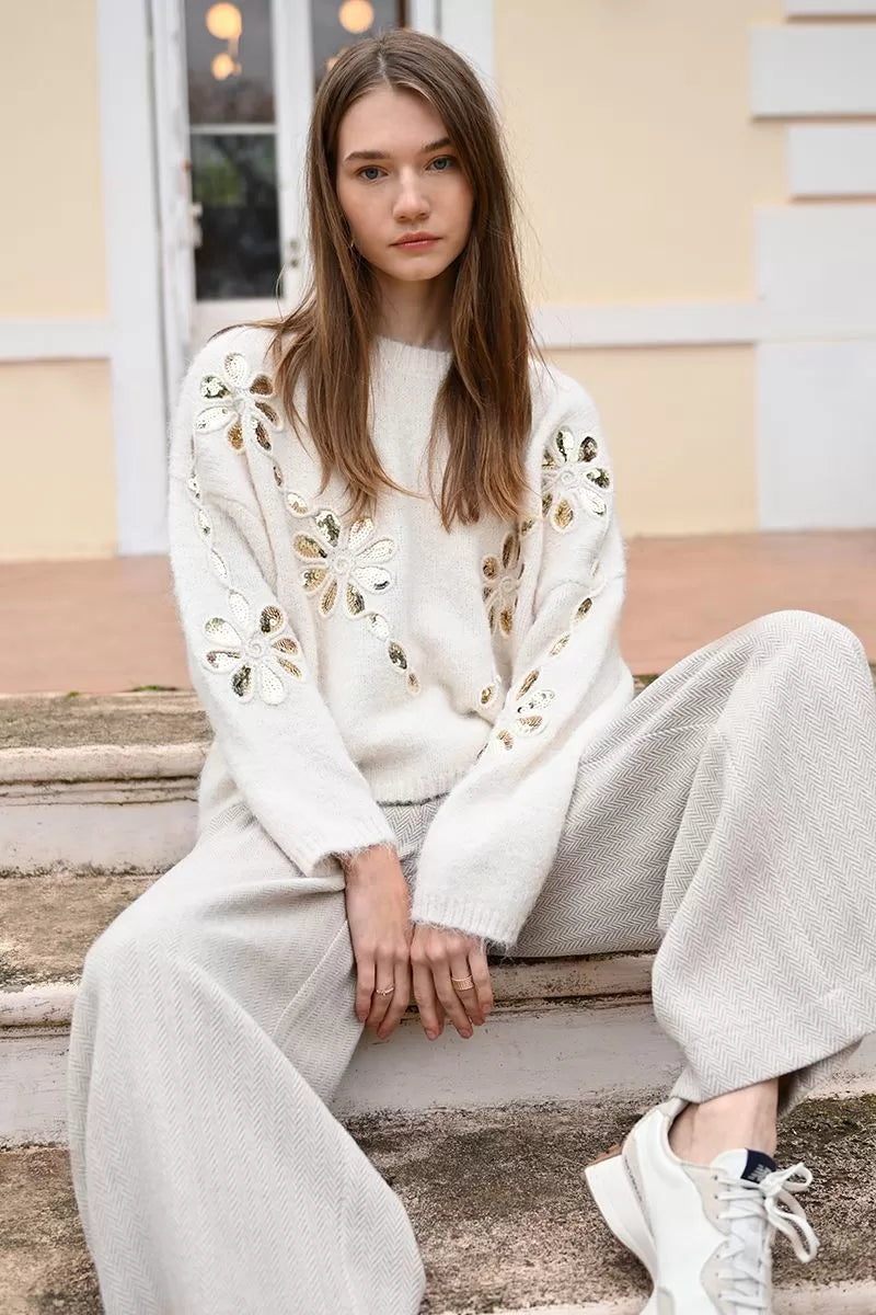 molly bracken sequin floral knit in cream