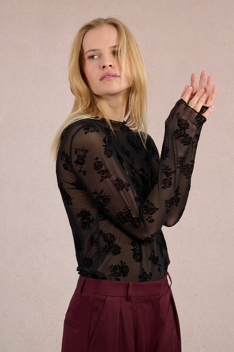 molly bracken velvet rose mesh top in black