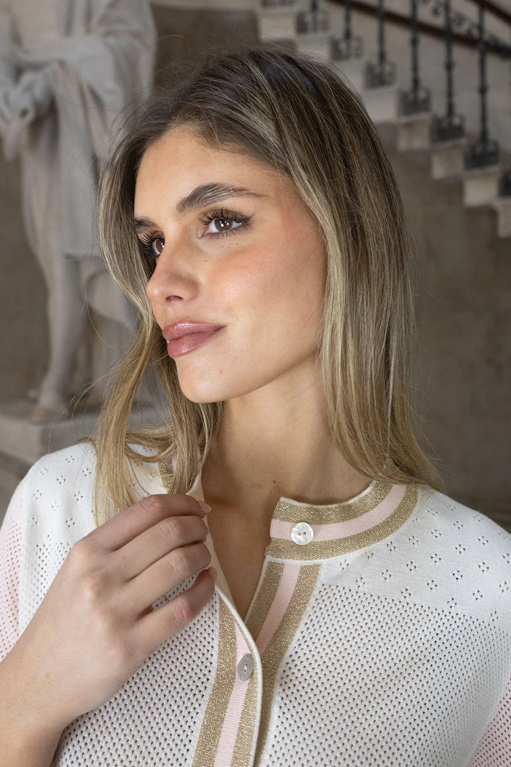 no2moro may lurex pointelle cardigan in pink (detail)