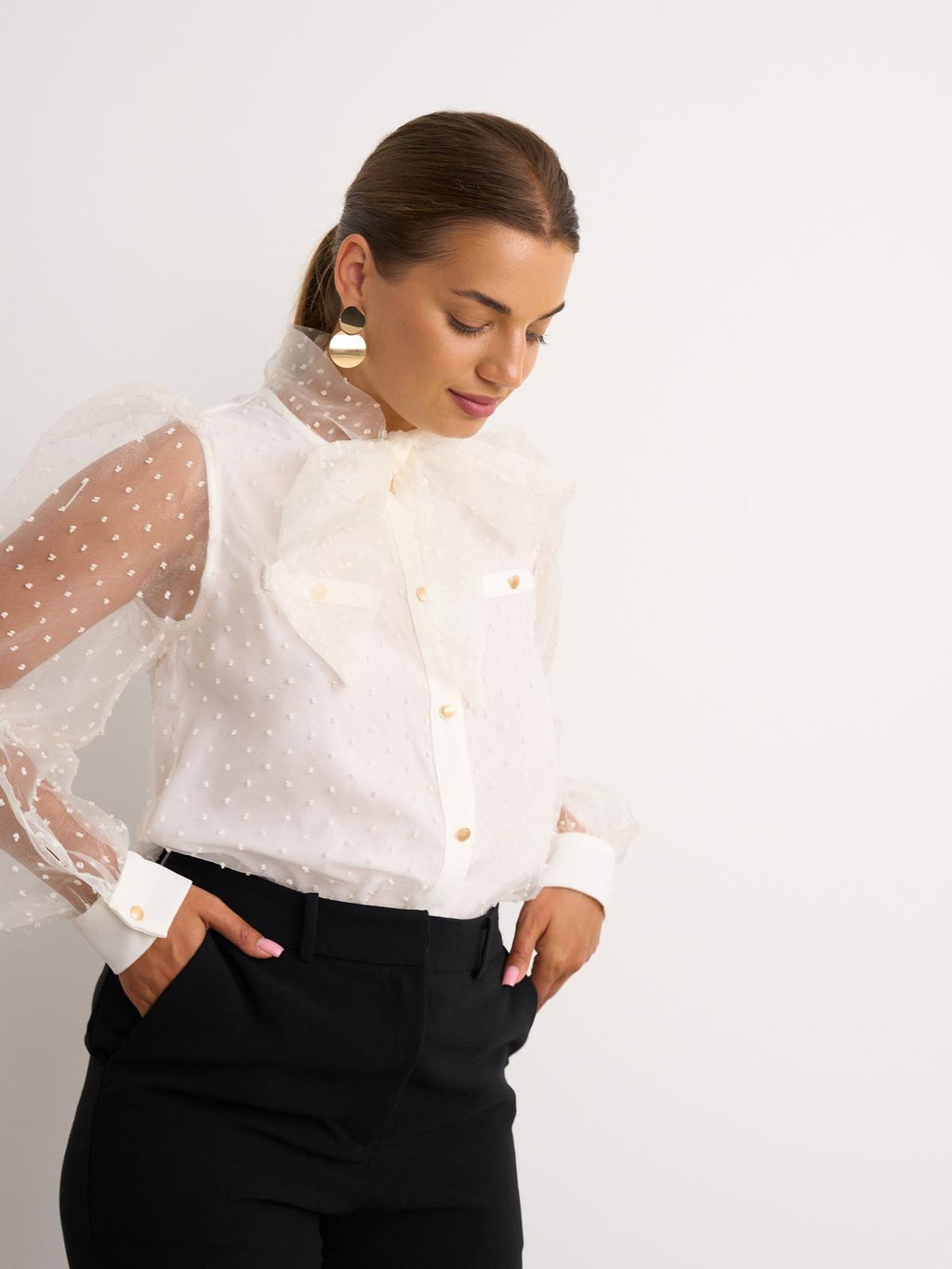 Sheer sleeve blouse in white