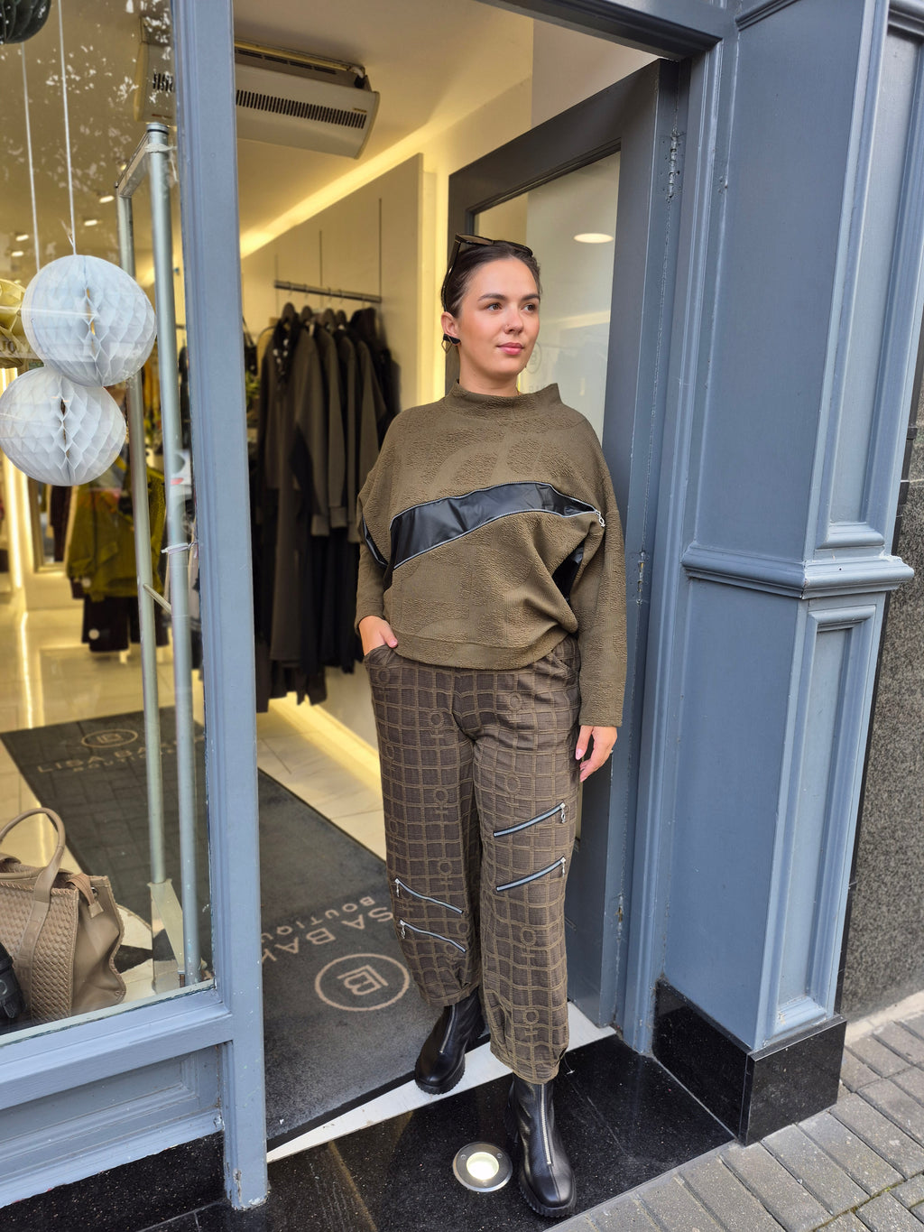 mysoul double patch & zipper sweatshirt in khaki green