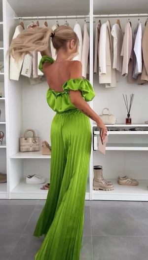 Samara ruffle top and trouser set in lime green