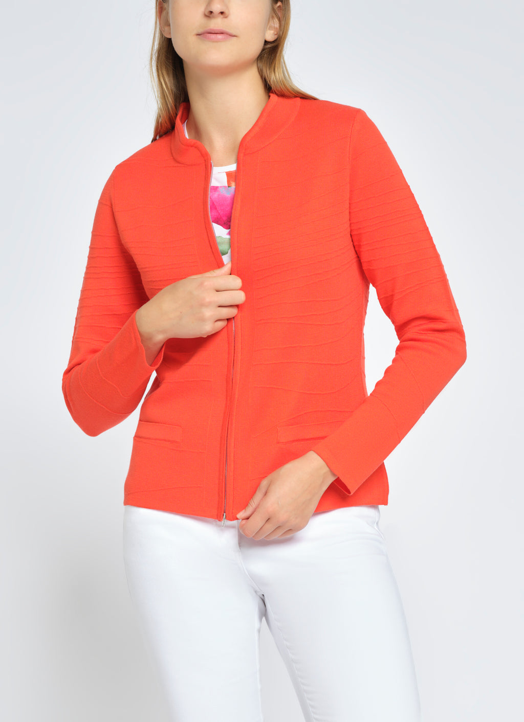<p>Gollehaug textured knit zip up jacket in orange </p>
