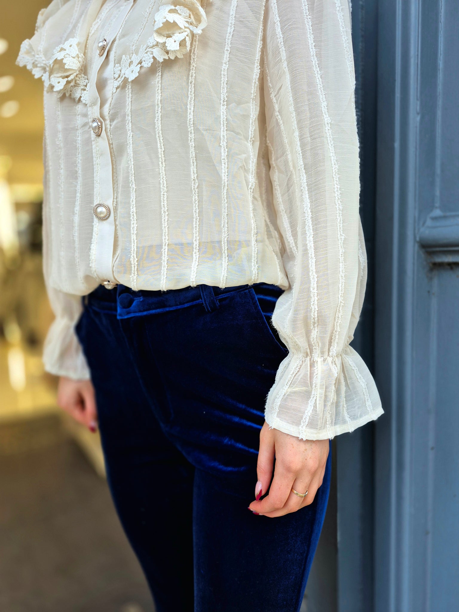 Pearl button blouse in beige