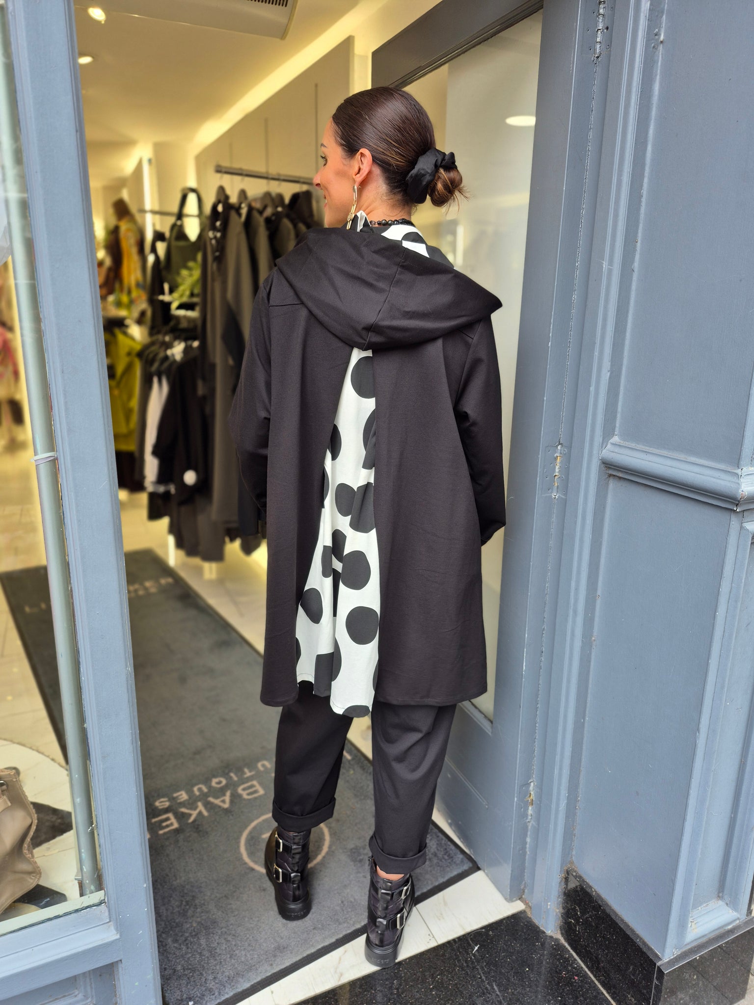 Hybrid spot print long hoodie in black & white