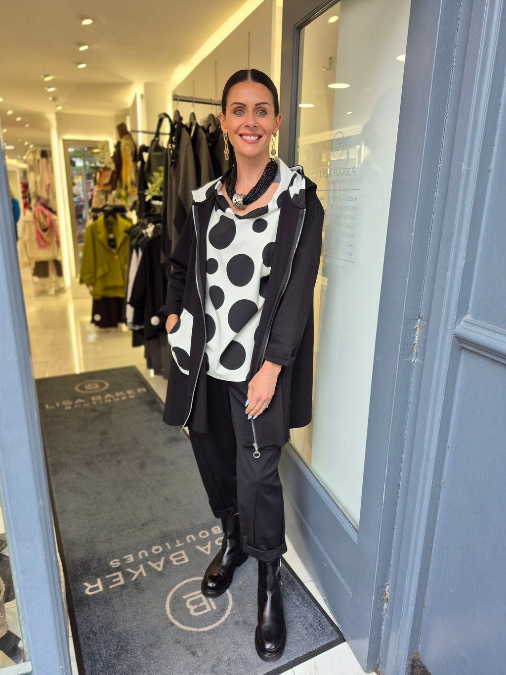 Hybrid spot print long hoodie in black & white