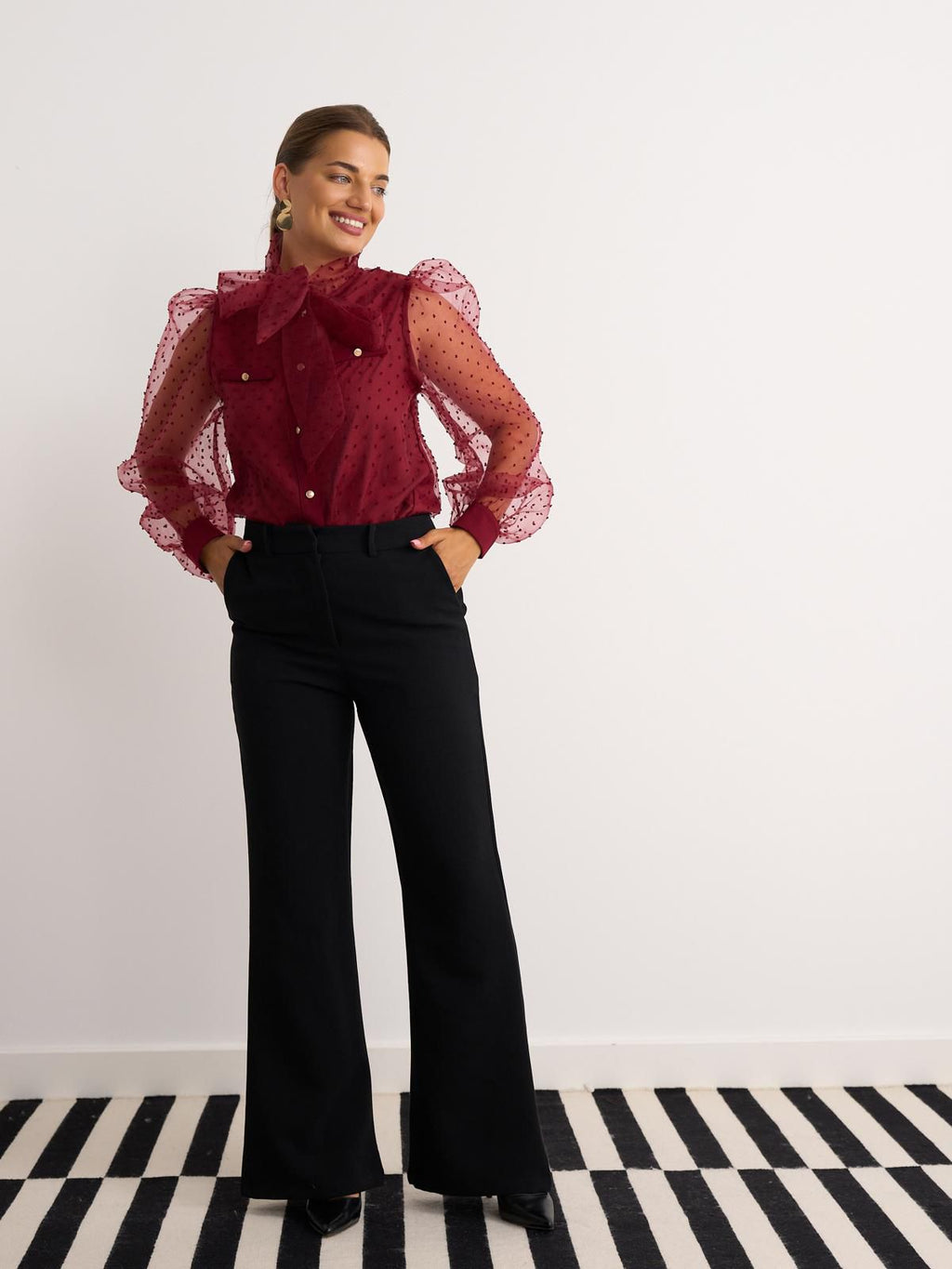 Sheer sleeve blouse in burgundy