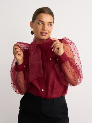 Sheer sleeve blouse in burgundy